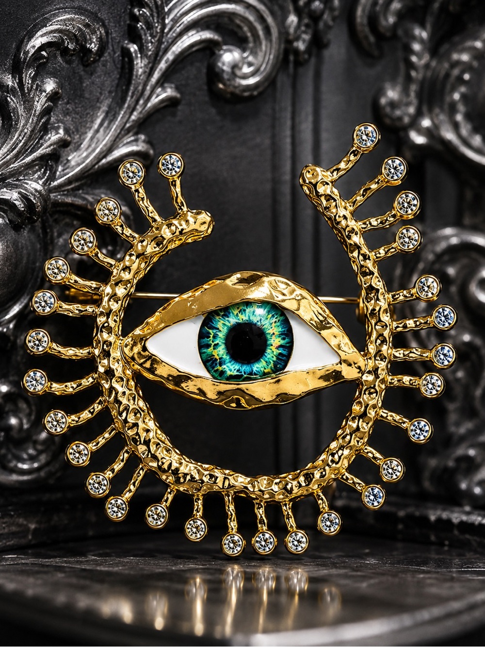 Gold tone Evil Eye Brooch with Blue and Green Iris - Picture 5 of 7